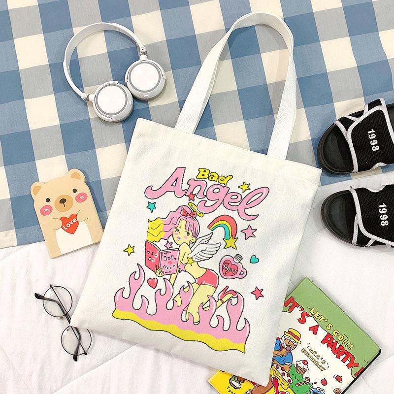 Bad Angel Letter Print Y2k Canvas Bag Casual Hip-hop Harajuku Large Capacity Female Shoulder Bag Punk Vintage Women Shopper Bag