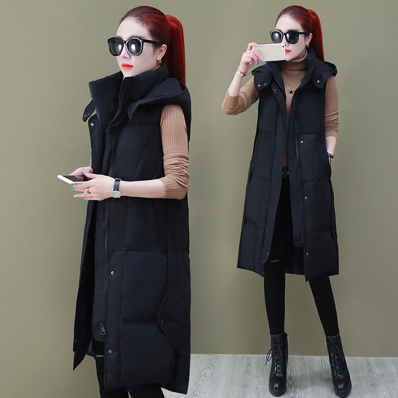 Long Over-the-knee Down Cotton Waistcoat Thick Solid Color Plus Size Vest Hooded Autumn and Winter Sleeveless Jacket Thickened Waistcoat Women