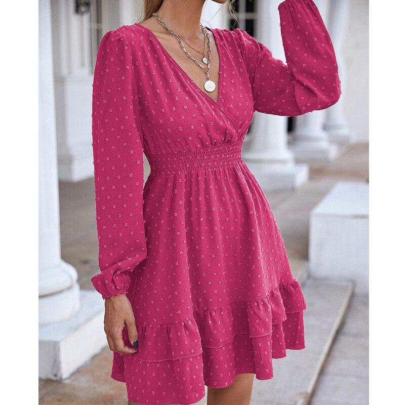 Hohe Taille A-linie Weißes Kleid Frauen Sommer Laterne Hülse V-ausschnitt Frau Kleid Lässige Mode Dot Solide Rüschen Kleider Robe 24888