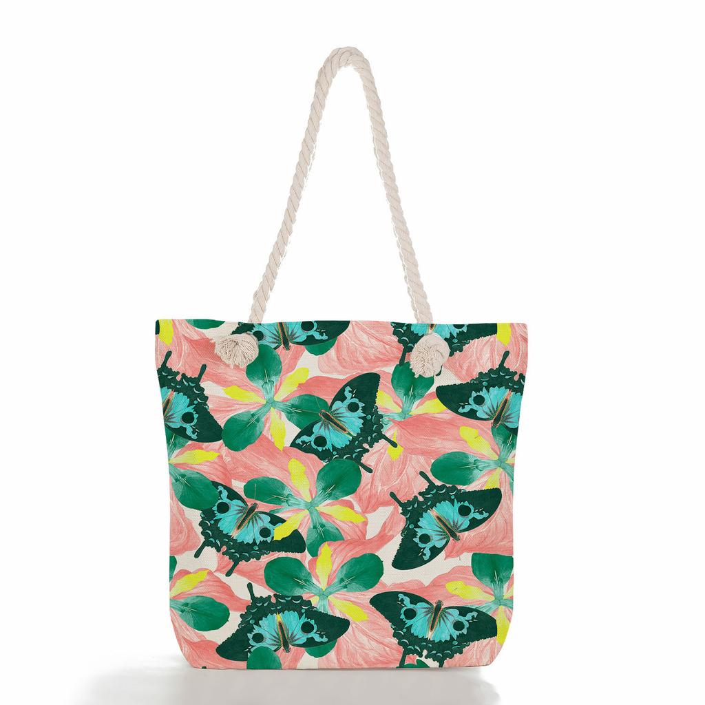 Multifunctional Flowers and butterflies Printed Thick Rope Shoulder Beach Bag Casual large capacity handbag 7615 KTB