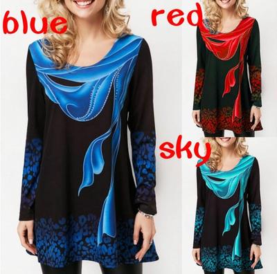 Damen Langarm-Tunika-Bluse mit Blumendruck, lässiges Rundhals-Top