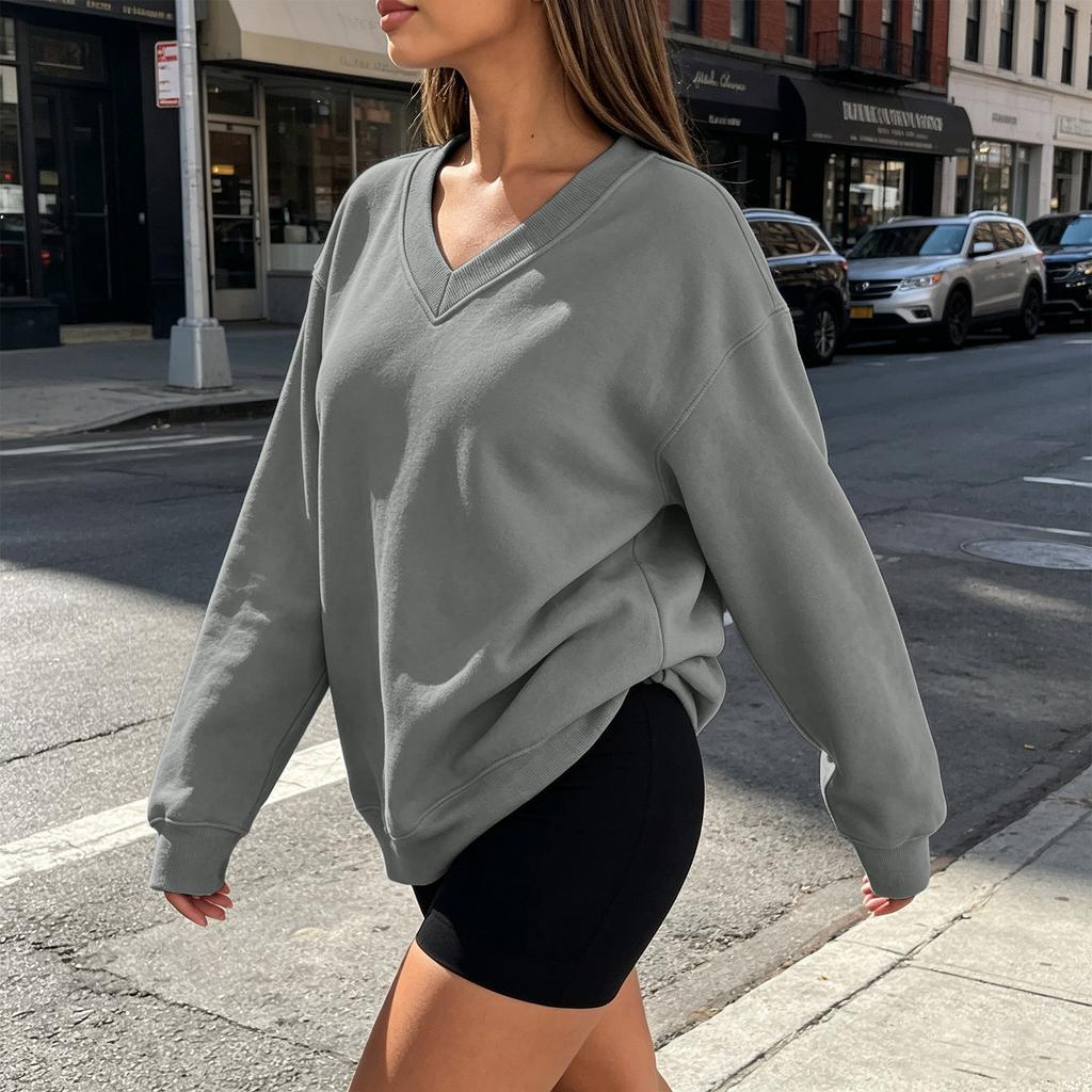 Women's V-Neck Long Sleeve Sweatshirt Casual Color Pullover