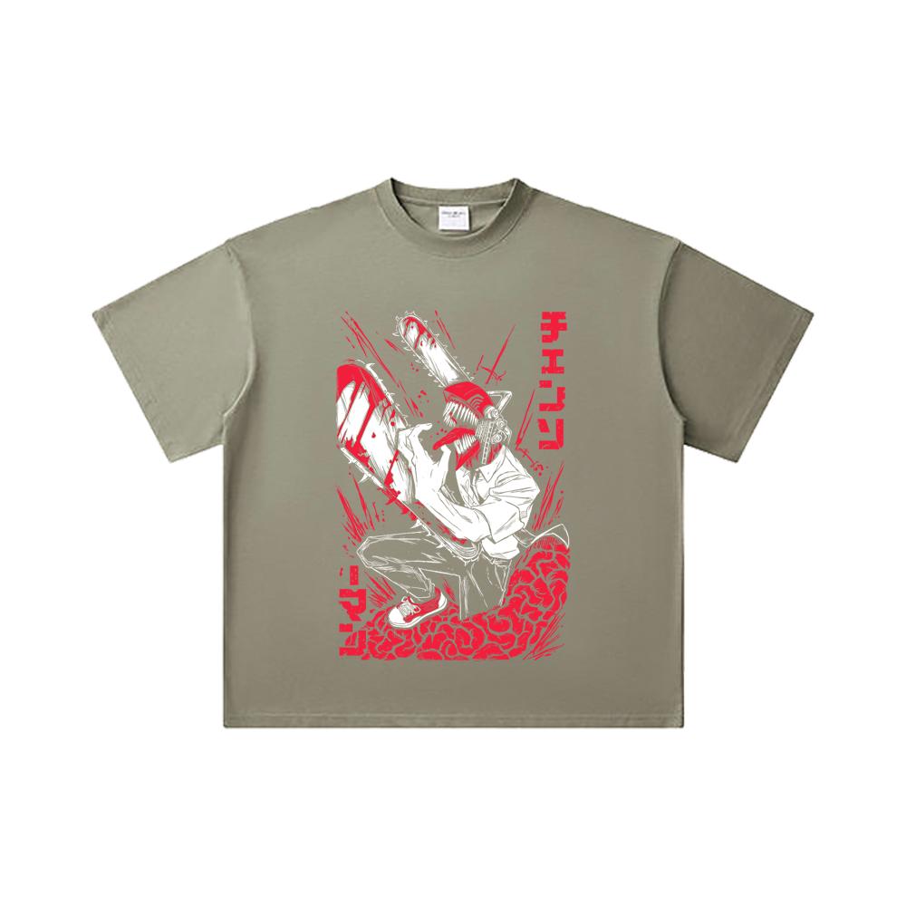 260 GSM Double Yarn 32 Count 100% Cotton Chainsaw Man V28 Denji Print Unisex Heavy Cotton T Shirt