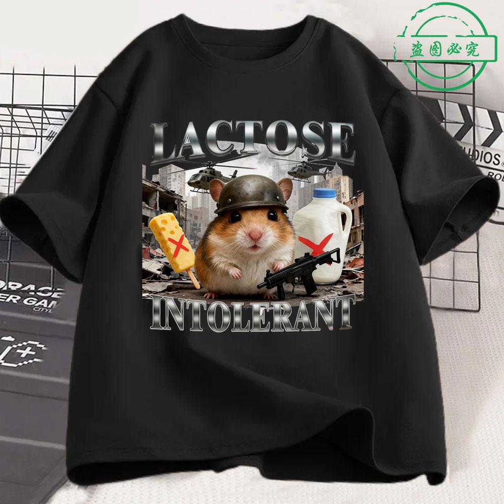 T-shirt Chat Drôle Intolérant au Lactose Unisexe Femme Mode Rétro Manches Courtes Coton Décontracté Confortable Oversize