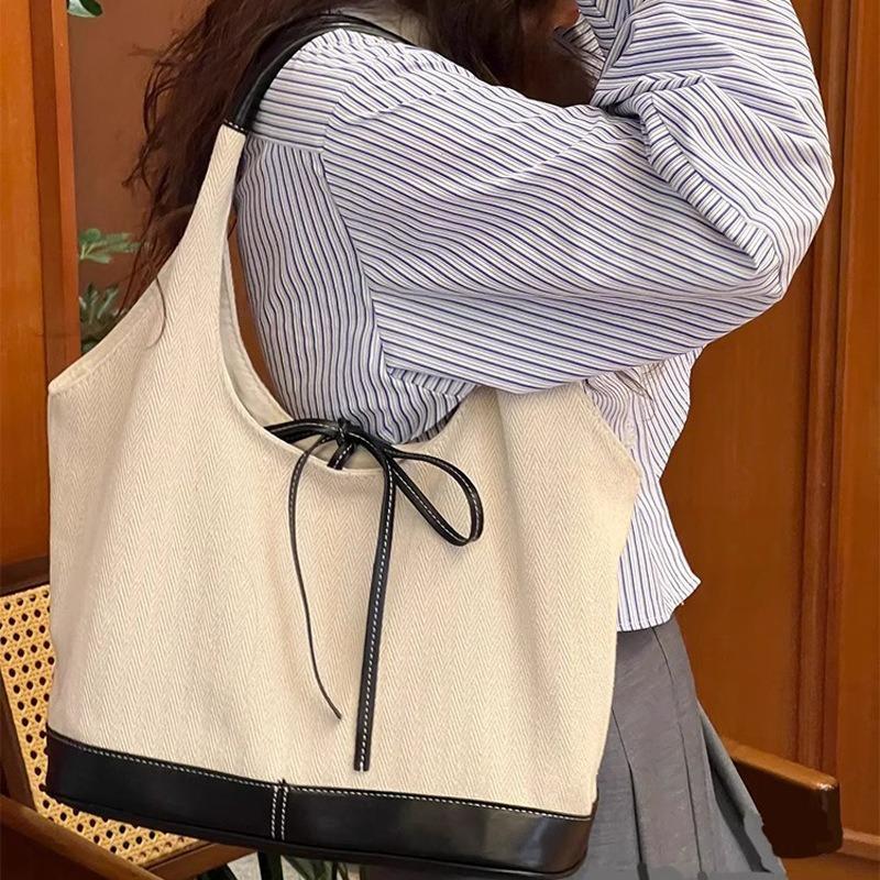 Retro Commuter Niche Design Bow Shoulder Underarm Bag New Fashion Simple Contrasting Color Tote Bag