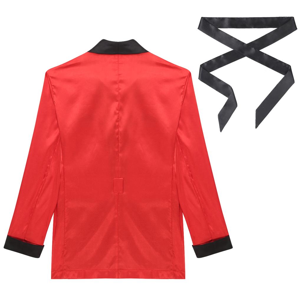 Mens Contrast Smoking Jacket Robe Belt Lapel Long Sleeve Side Pockets Satin Kimono Bathrobe Nightwear Loungewear