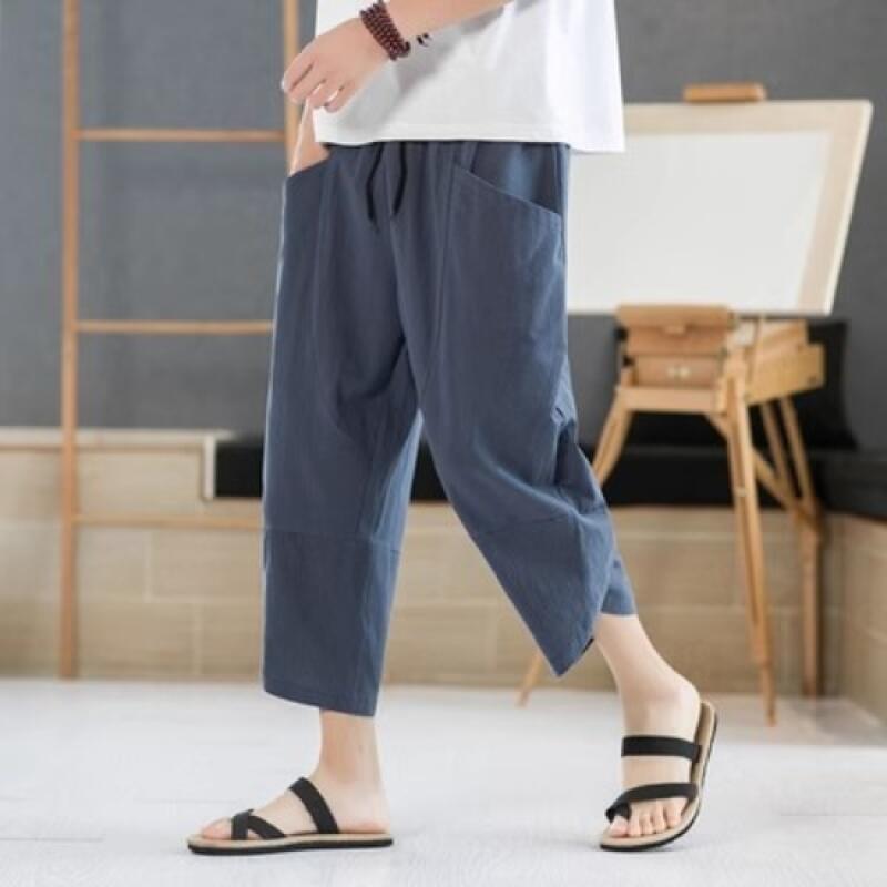 Summer Men Chinese Style Cotton Linen Harem Pants Men Streetwear Breathable Beach Pants Male Casual Calf-Lenght Trousers