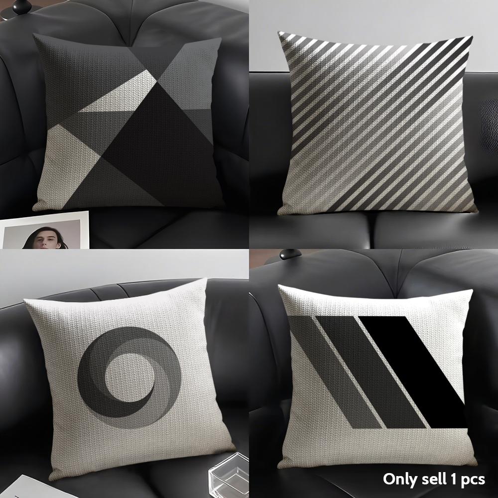 Black And White Gray Geometric Cushion Cover Natural Linen Organic Fabric Double-Sided Printing Sofa Home Decor Gift Pillow Case