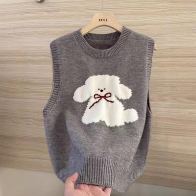 Autumn and Winter New Style Korean Cute Puppy Fashion Jacquard Women's Knitted Round Neck Pullover Vest Sleeveless Sweater