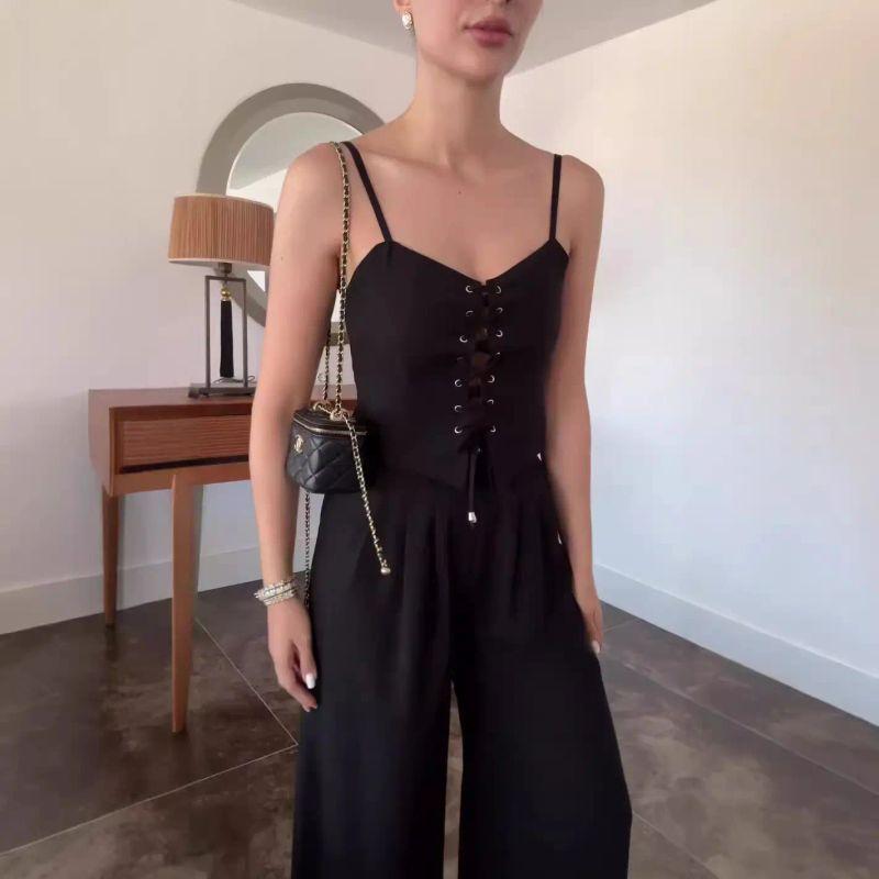 

Pure Sexy Hollow-out Lace-up Top Slim fit Slimming Casual Wide-Leg Pants Set Top and Pants Set Black pants XXXL