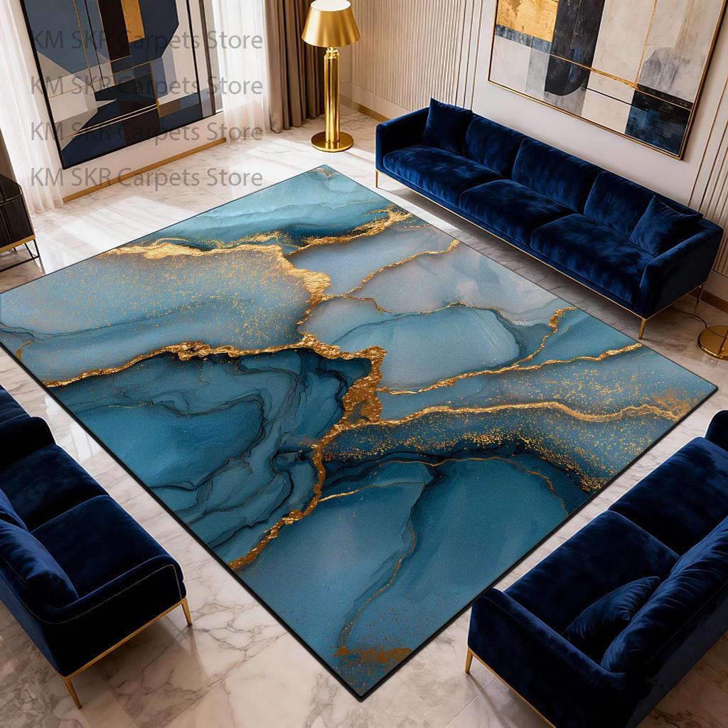 Modern Marble Large Living Room Sofa Carpet Blue-gold Washable Non-slip Decoration Bedroom Bedside Mat Soft Fluffy Cloakroom Rug