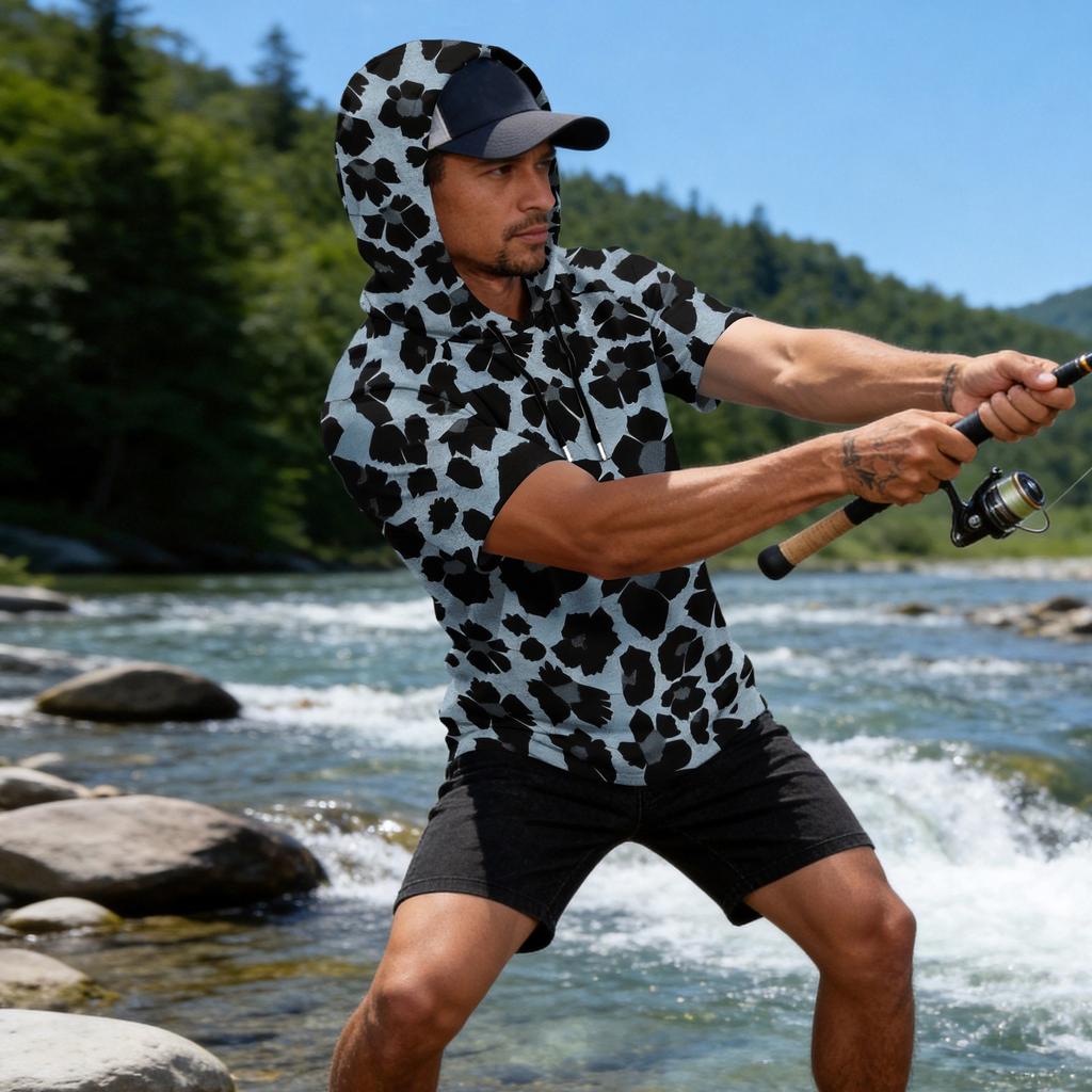 Sudadera con capucha deportiva casual para hombre, manga raglán, manga corta, jersey, tejido ligero y transpirable, adecuada para actividades al aire libre y pesca