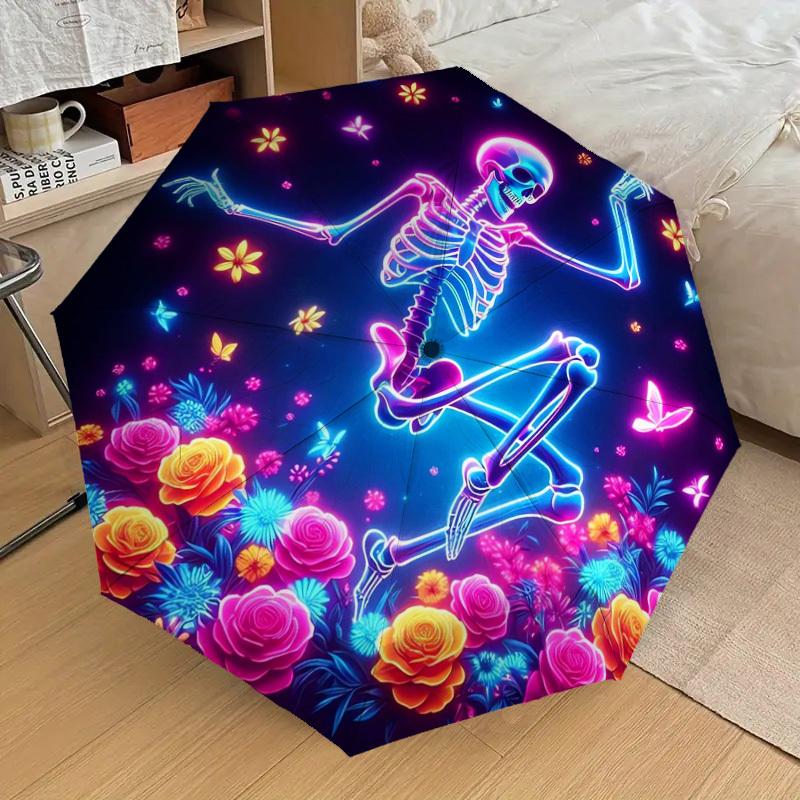 1 Stück Neon Skelett Tanz Blumen Schmetterlinge Regenschirm mit Kunststoffgriff, Geeignet für Alle Jahreszeiten Zuhause Reise Outdoor RegenschirmDD1763