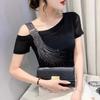 Summer Fashion European Female Clothes T-Shirt Sexy Off Shoulder Shiny Diamonds Mesh Women Tops All Match Tees Blouse