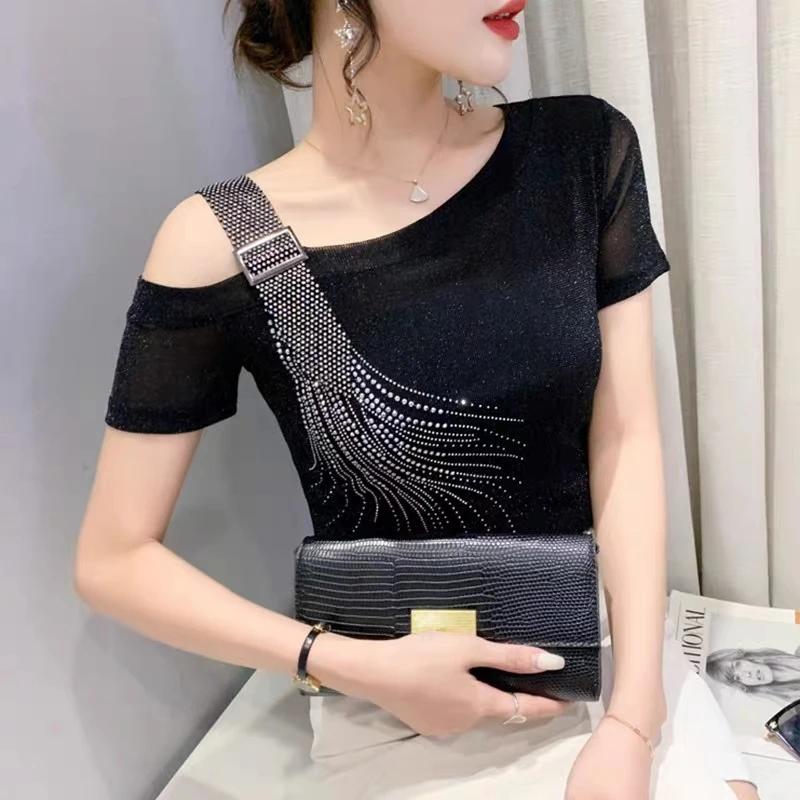 Summer Fashion European Female Clothes T-Shirt Sexy Off Shoulder Shiny Diamonds Mesh Women Tops All Match Tees Blouse