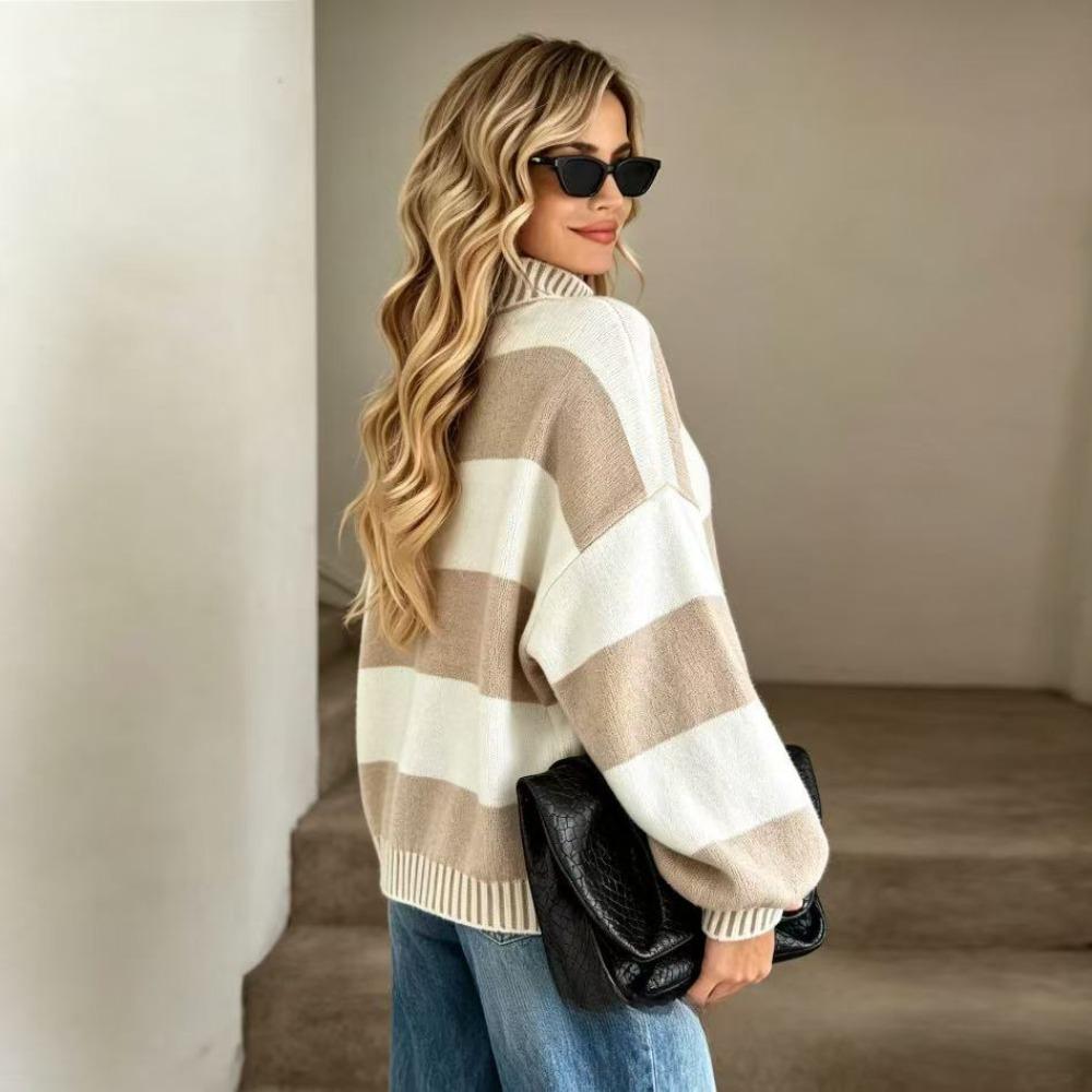Contrasting Color Striped Pullover Knitted Sweater Top Women's Autumn and Winter New Semi-turtleneck Loose Sweater