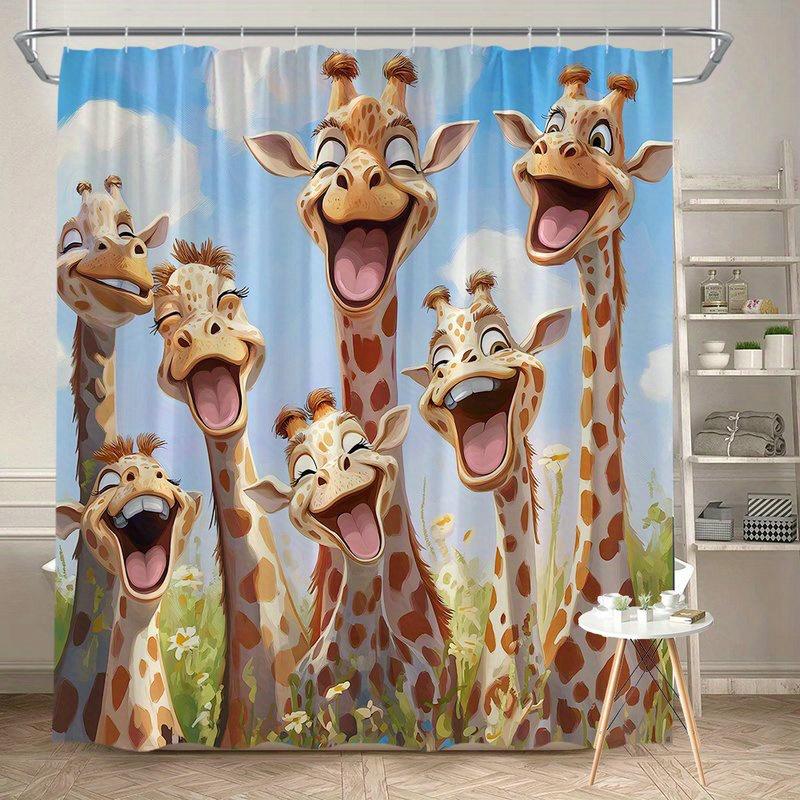 Giraffe Shower Curtain 180x180cm – Cartoon Orange Giraffes On Blue Sky Green Grass, Kids Bathroom Decor, 12 Hooks