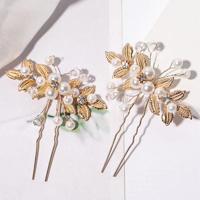 Ancient Retro Flower Leaf Hair Clips Pearl Crystal U-Shaped Bridal Hairpin
