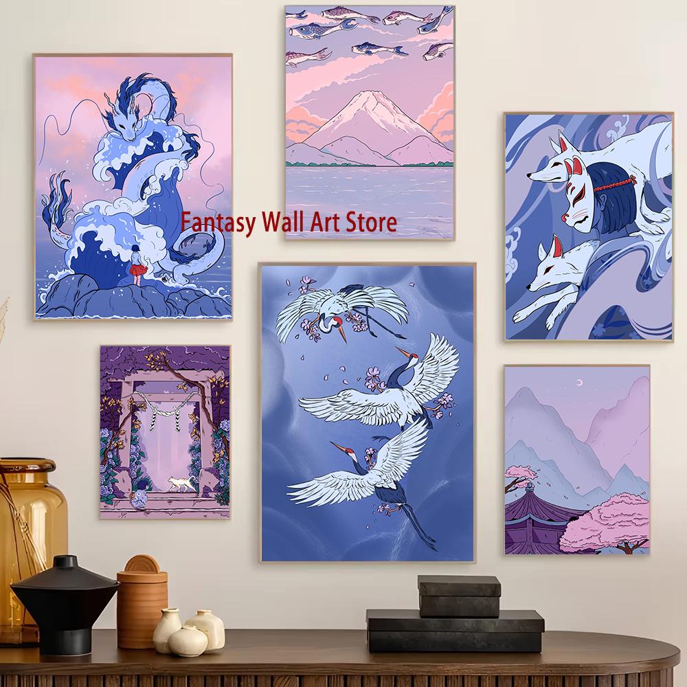 Japanese Cartoon Illustration Poster Landscape Mask Anime Girl Poster Japan Art Decor Home Room Wall Decoration Canvas Painting