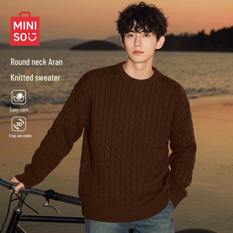 MINISO Men's American Retro Cable Knit Crew Neck Sweater
