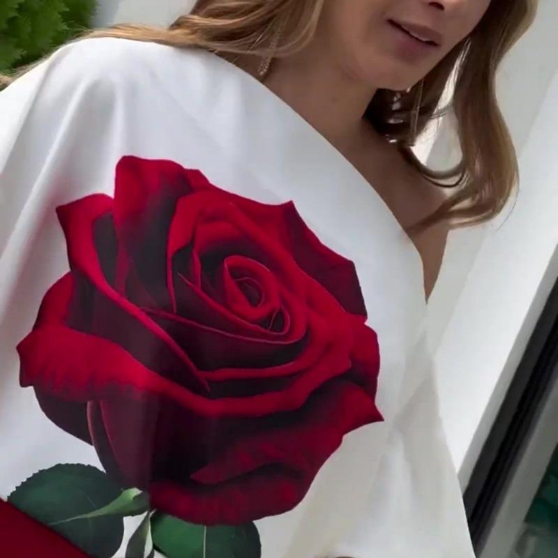 2024 Spring Women Rose Printed Blouse 2 Two Piece Set Outfits Loose High Waist Wide Leg Pants Casual Loose Oblique Shoulder Lantern Sleeve Tops 1010-8