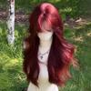 Mermaid Rose Red Long Curly Wig with Air Bangs for Women