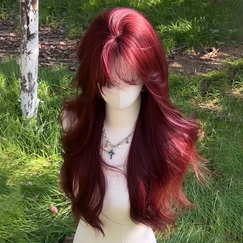 Mermaid Rose Red Long Curly Wig with Air Bangs for Women