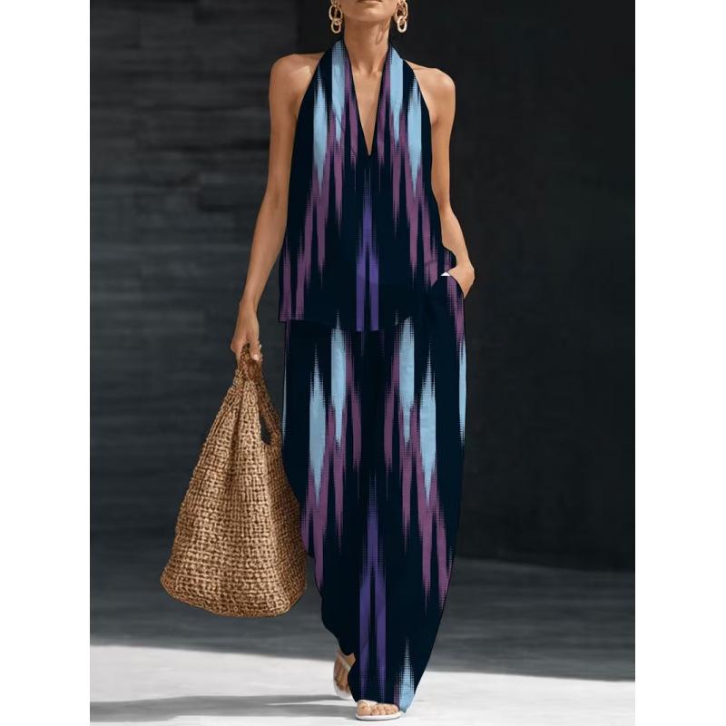 1116 Summer Cool Neck Suit Women's Temperament V-Neck Off-Shoulder Top + High Waist Wide Leg Pants Two-piece Set