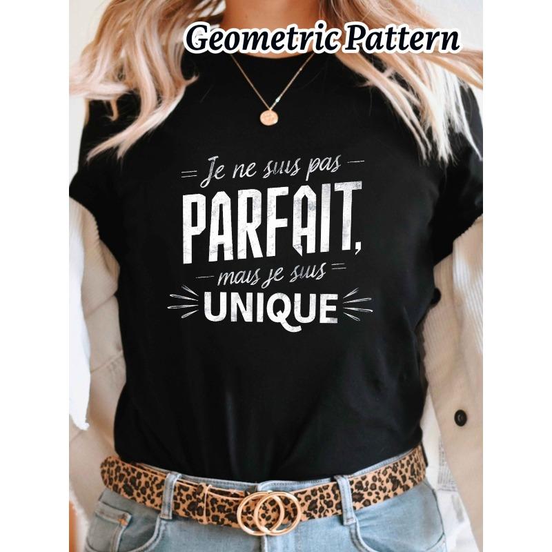 European sizes Women S French Quote T-Shirt - Black & White Geometric Print with  Je ne suis pas unique  Slogan S