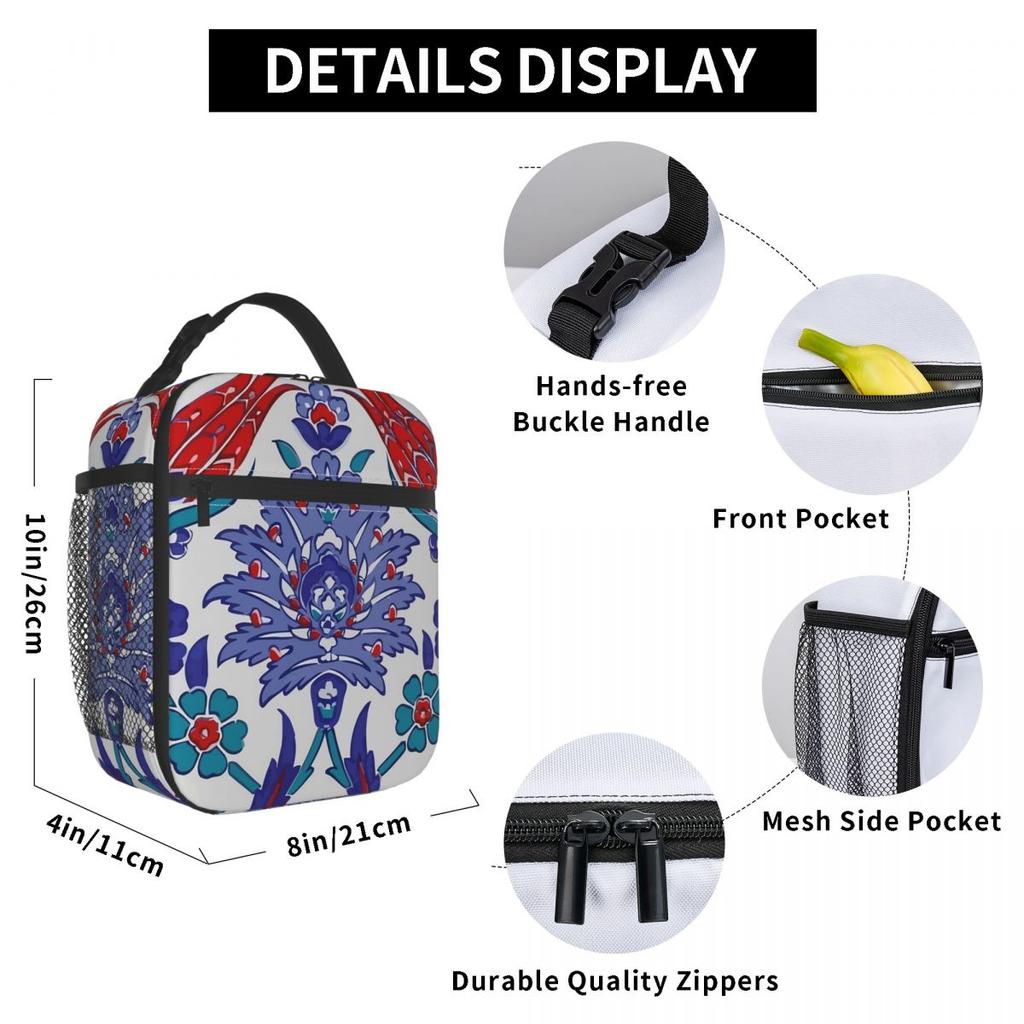 Oriental Tile Floral Pattern Insulated Lunch Bag for Women Kids Portable Food Boxes Thermal Lunch Box Tote
