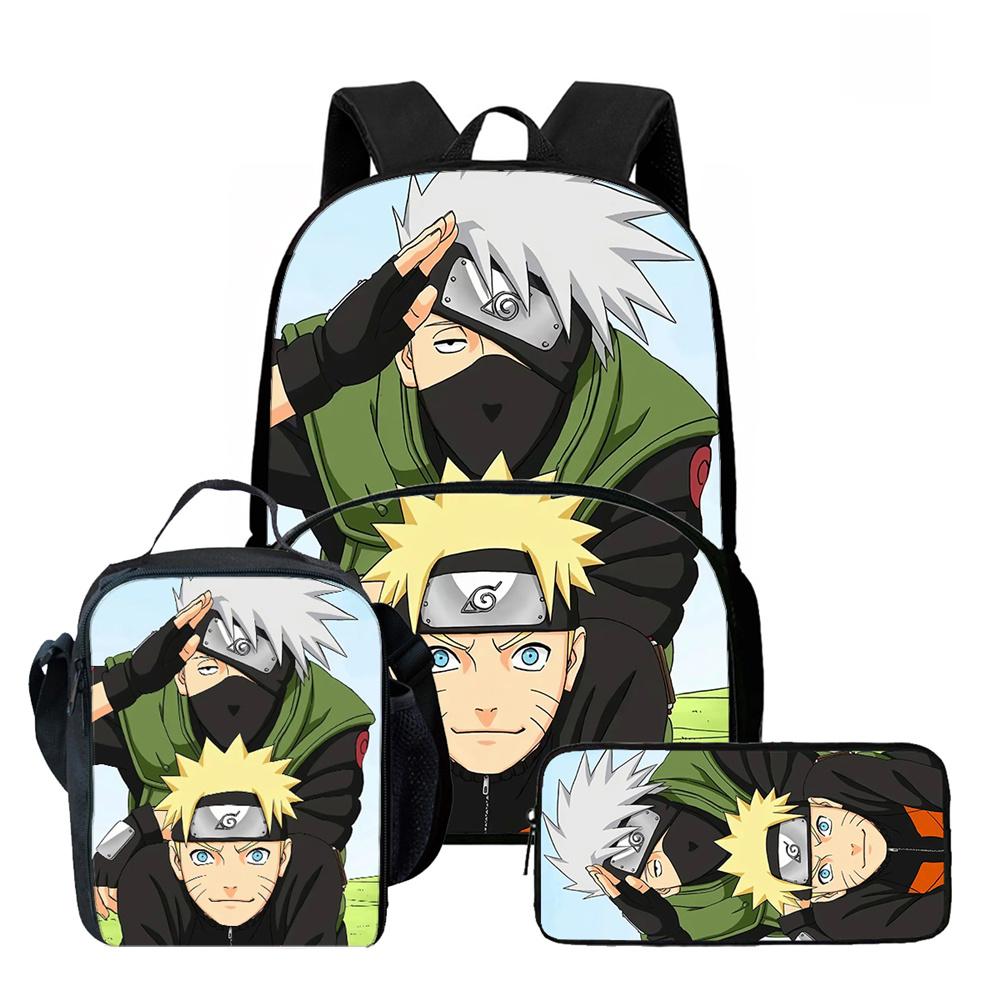 3Pcs School Bag Set NARUTO Cartoon Backpack with Front Pocket, Lunch Bag & Pencil Bag, Lightweight for Boys & Girls Ages 6-10