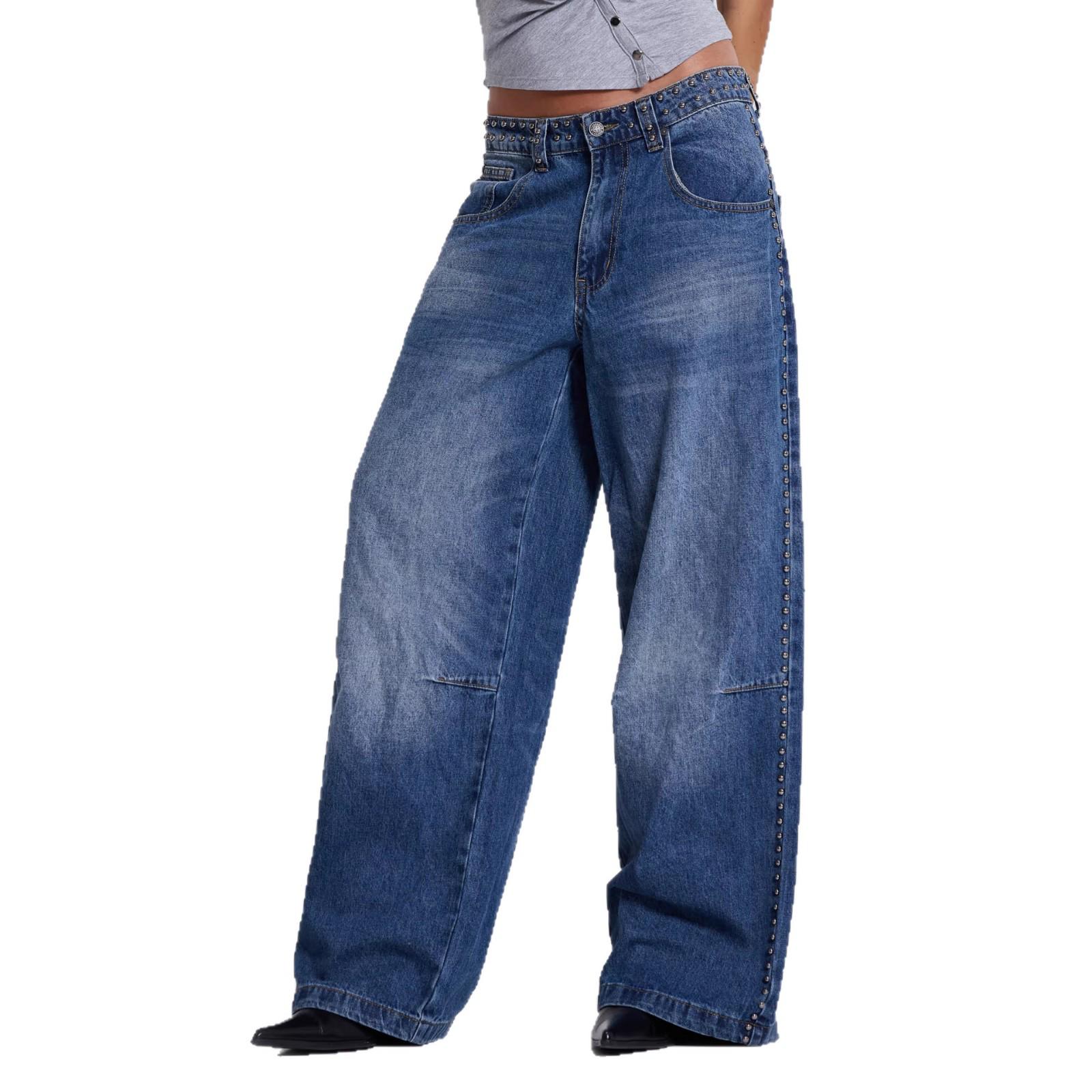 

European and American Low-Waist Beaded Loose-Fit Jeans for Women XL (90CM) синій
