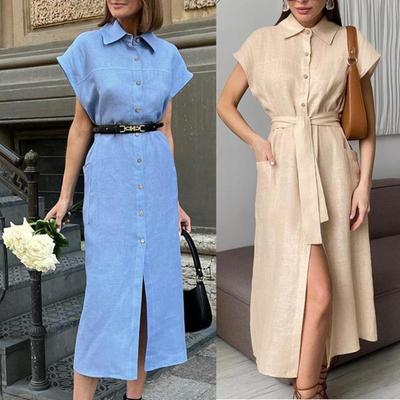 Novo vestido feminino com cinto sexy com decote em v solto manga curta elegante camisas curtas vestido vestidos casuais vestidos de linha única botões vestido cor sólida