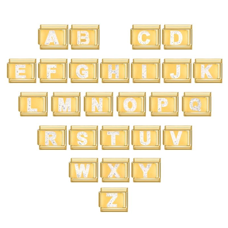 Fashion Golden 26 Letters A-Z Italian Links Charm Beads 9mm Stainless Steel Bracelet Jewelry DIY Hand Making