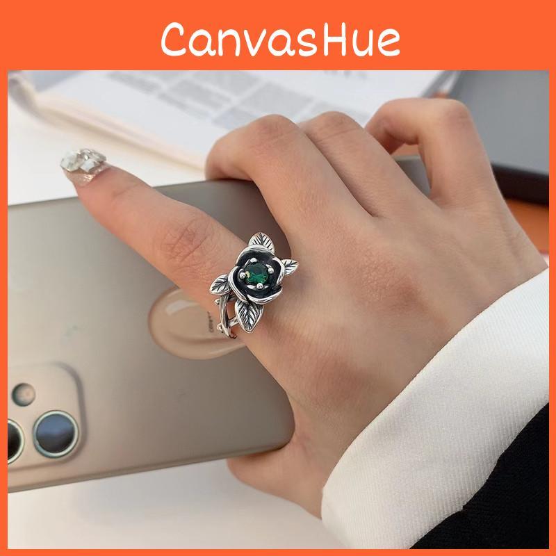 Exquisite Korean Style Vintage Exaggerated Green Zircon Rose Flower Ring For Women
