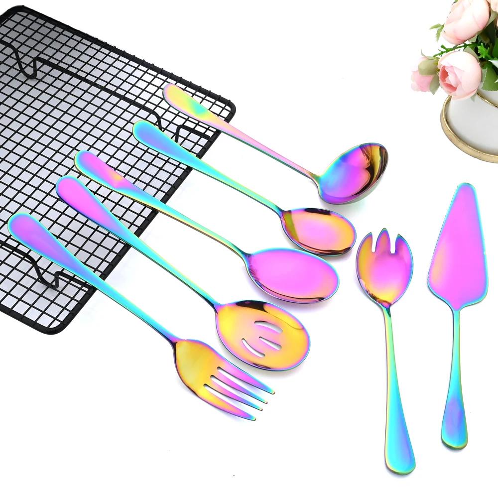 7Pcs Cutlery Set Stainless Steel Dinnerware Set Soup Spoon Colander Service Spoon Salad Fork Cake Spatula Kitchen Home Tableware