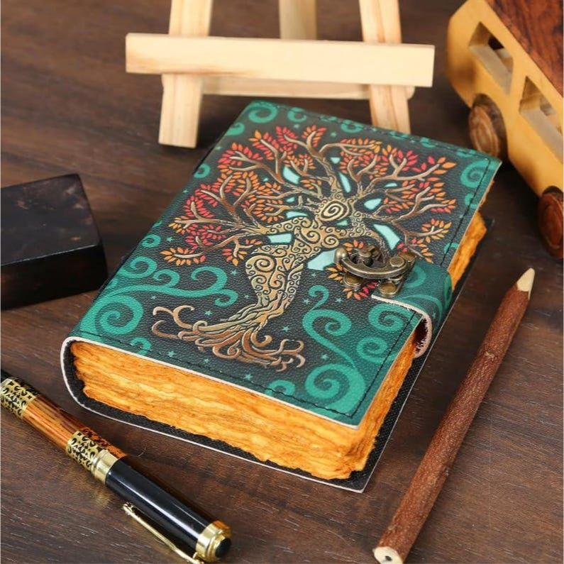 Blank Spell Book of Shadows Journal – Handmade Leather Grimoire with Lock Clasp, Embossed Pagan Prayer, Antique Witchcraft & Wiccan Notebook