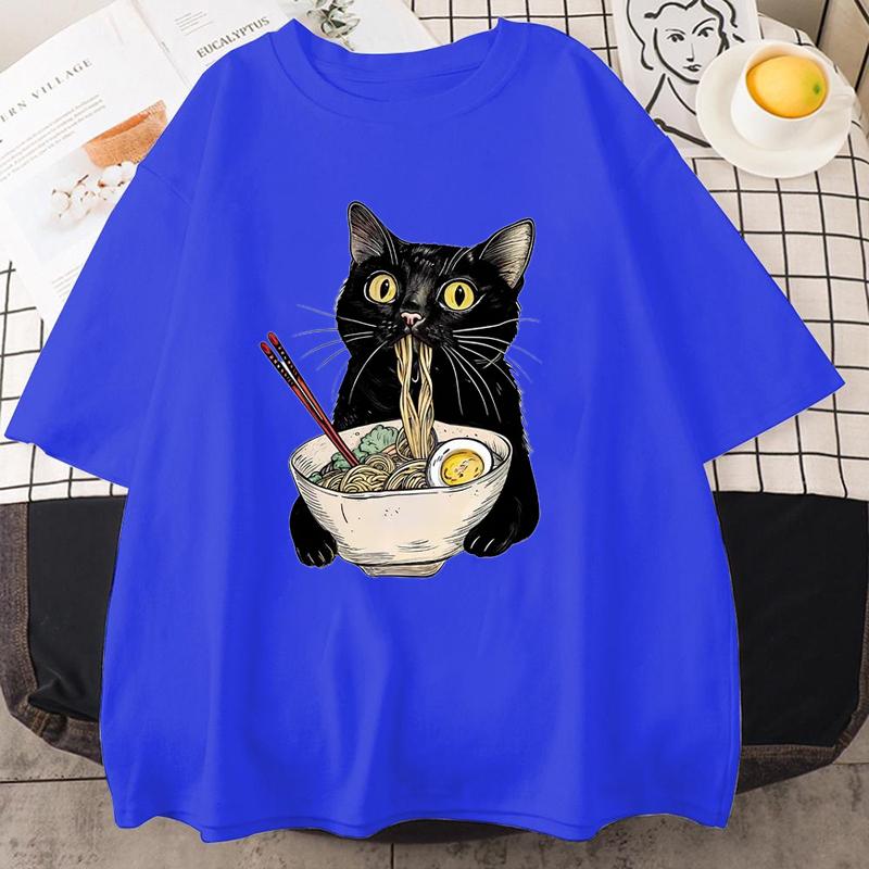 Noodle Ramen Cat T-Shirt Foodie Lover T Shirts Black Cat Noodle T-Shirts Retro Casual Short Sleeve Tshirt for Men Women Clothes