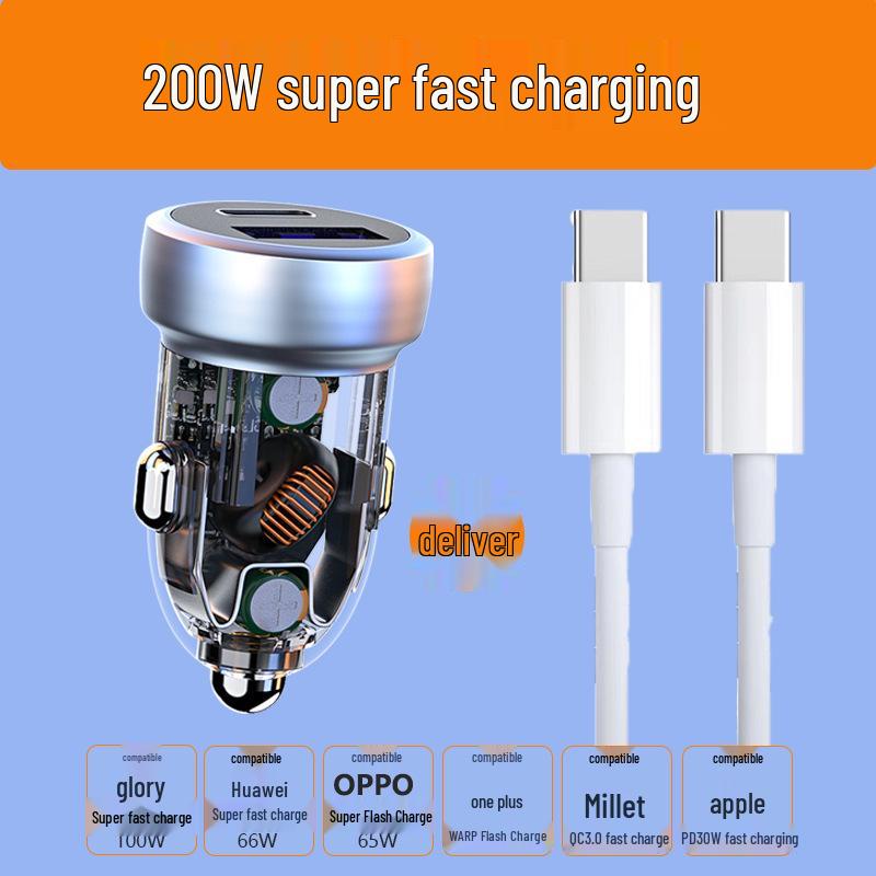 100W Mini Transparent Dual PD Car Charger: Super Fast Cigarette Lighter Adapter