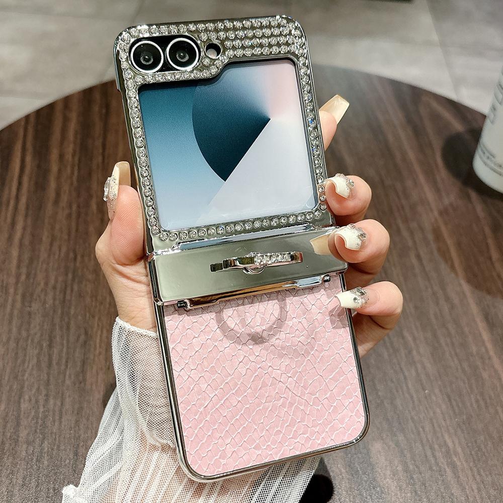 For Samsung Galaxy Z Flip7 FE 5G/Z Flip6 5G Case Fish Scale Texture Ring Holder PC Rhinestone Phone Cover