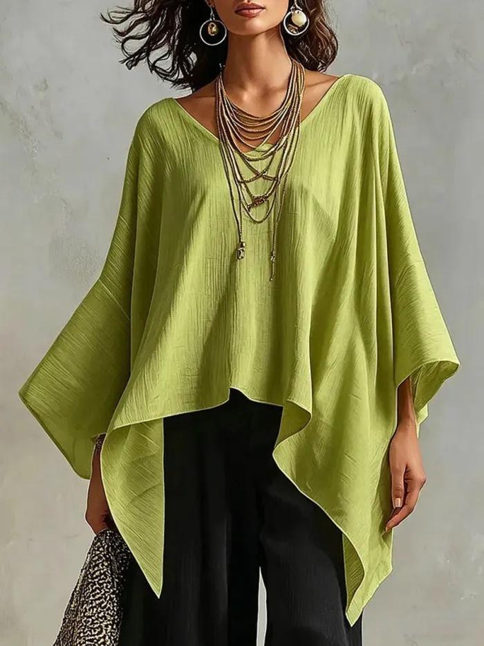2026 cross-border European beautiful woman loose V-neck irregular bat sleeve top vacation casual lazy versatile and thin S