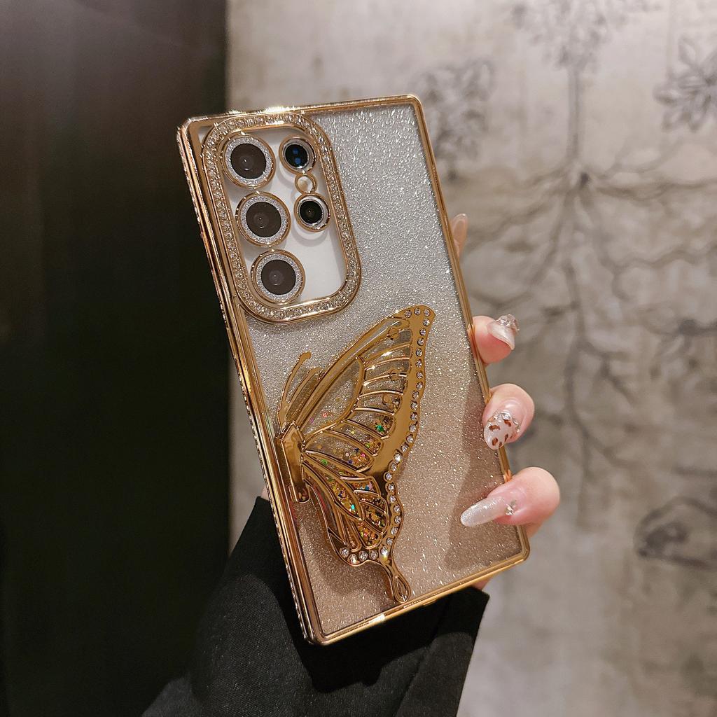 Three-dimensional Butterfly Bracket Suitable for Samsung S25FE Mobile Phone Case A17 Side Diamond Glitter Powder Light Luxury Protective Case