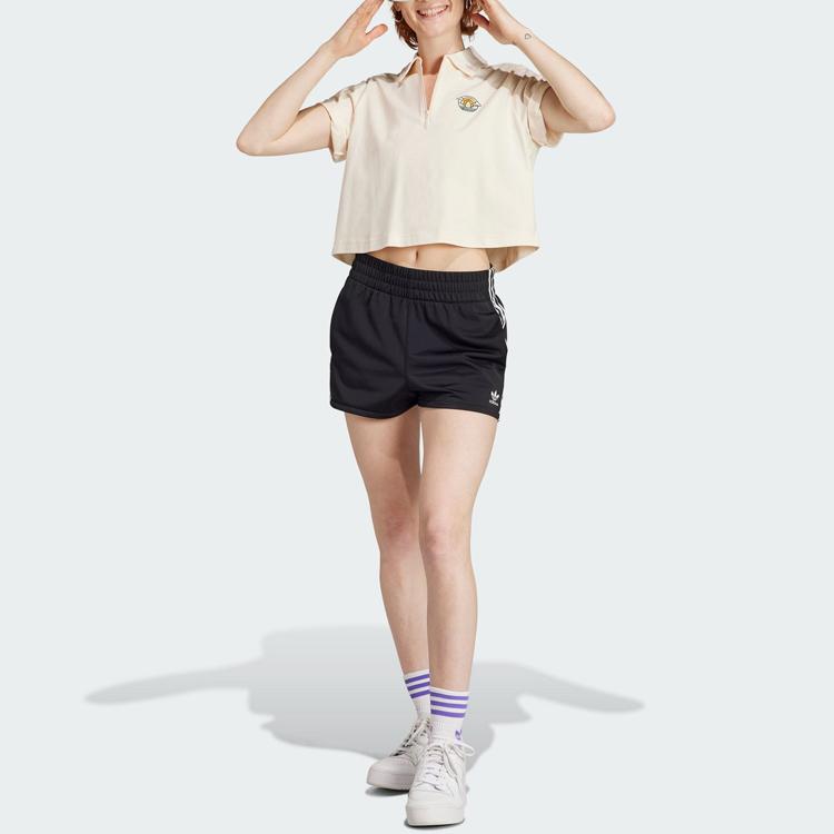 Adidas Originals Cropped Polo Shirt Cartoon Logo Embroidery Detail Sports Short Sleeve Polo Women Tops Wonder-White IN4141