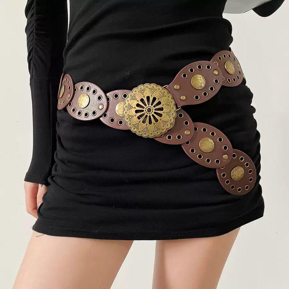 Round Western Style Cowboy Belts Y2K Ethnic Style Waistband Hollow Out Belts  Jeans Decorative