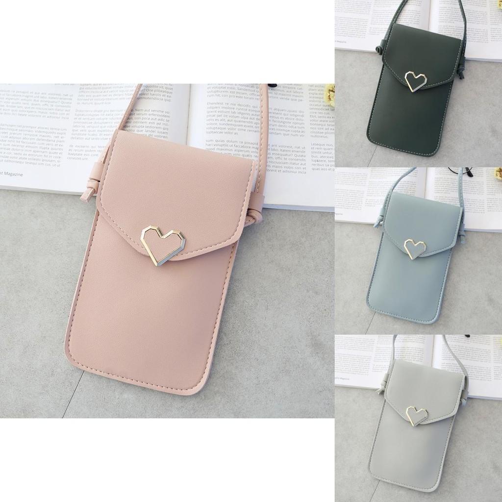 Borsa per cellulare touch-screen trasparente da donna, elegante, semplice, in pelle PU, con decoro a forma di cuore