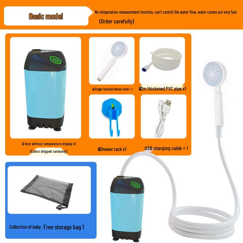 Electric Camping Shower Set with Rechargeable Pump and Water Bag.