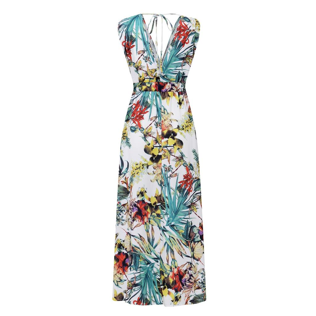 Women's Summer Casual Print Bandage Elastic Waist V-Neck Sleeveless Pullover Dress