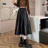 Women's Plus Size A-Line Midi Skirt - PU Leather, Elastic Waist, Vintage Brown, Spring/Autumn Style