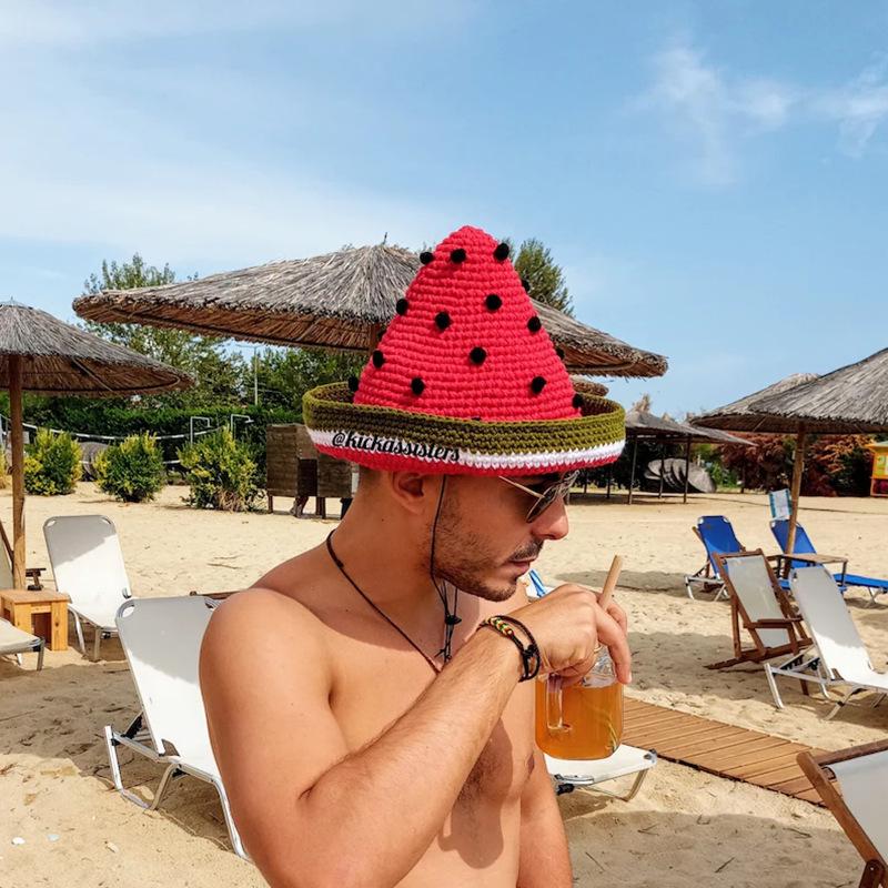 Handmade Summer Sun Hat - Ice Silk Pointed Top with Watermelon Design, Wide Brim, UV Protection for Men and Women