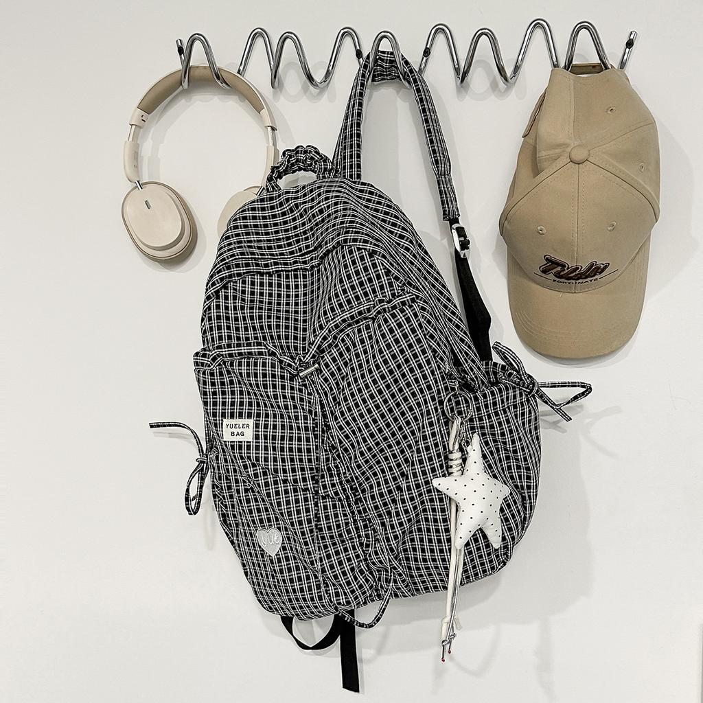 Schoolbag Japanese Large-capacity Versatile Plaid Backpack 1011 New Simple Drawstring Leisure Commuter Mountaineering Light Bag